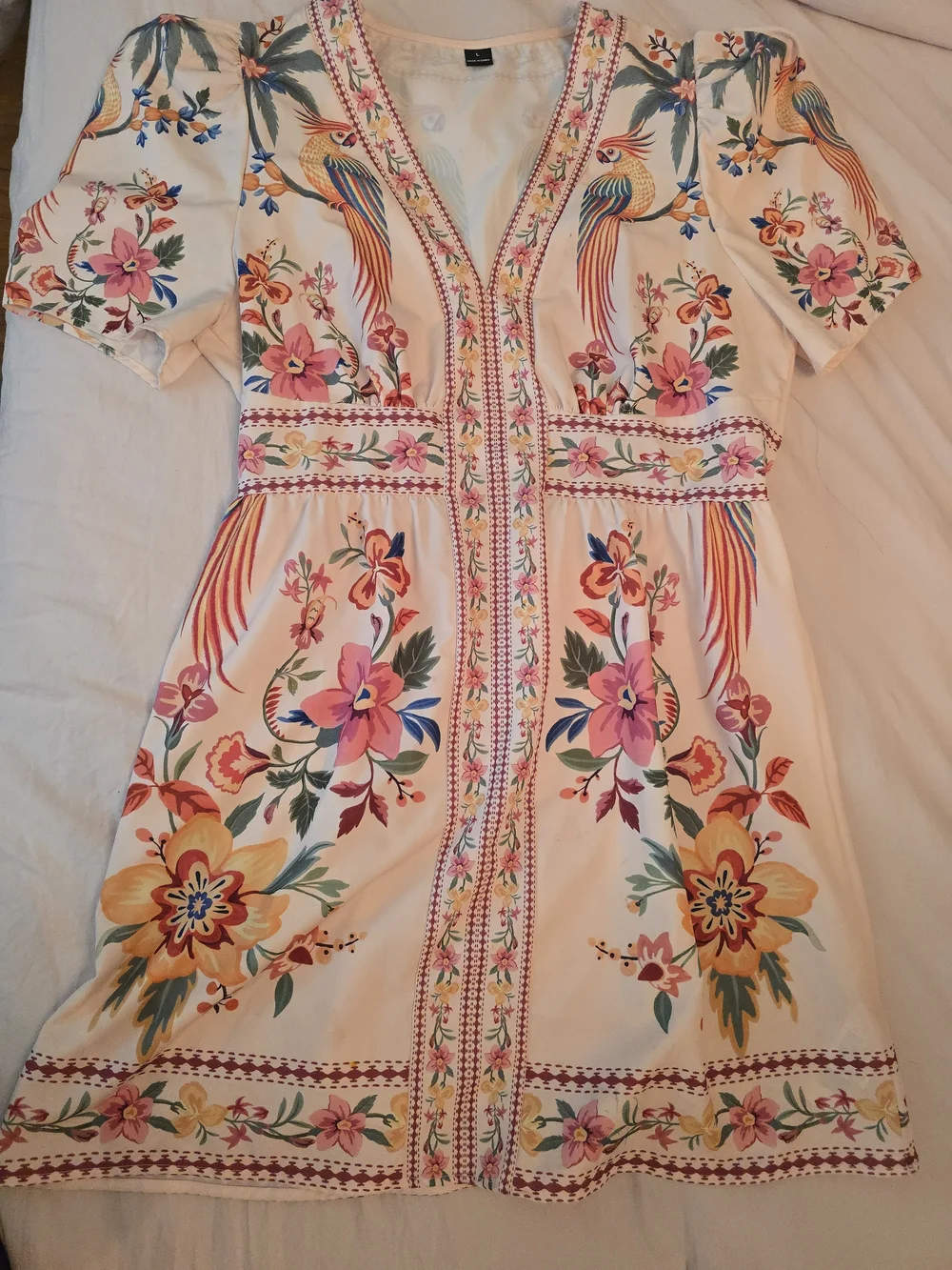 SHEIN Cream Floral Embroidered V-Neck Dress with Multicolor Parrot Motif